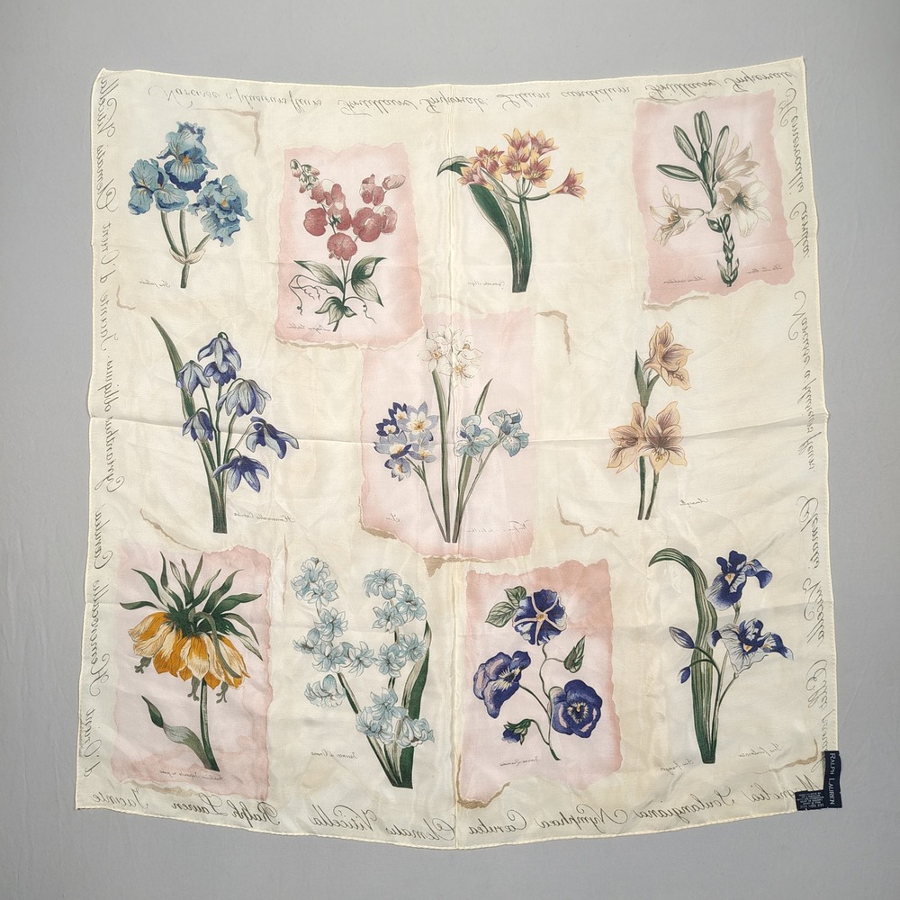 Ralph Lauren Scarf Womens OS 100% Silk Botanical Floral Cream Good - Picture 2 of 6